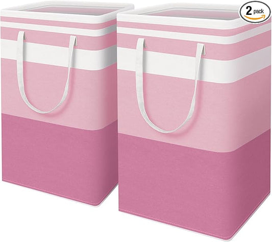 HomeHacks 2 Pack Large Laundry Baskets, Waterproof, Freestanding Laundry Hampers, Collapsible Clothes Hamper with Reinforced Handles in Laundry, College Dorm, Bathroom, Bedroom (Pink, 88Lx2)