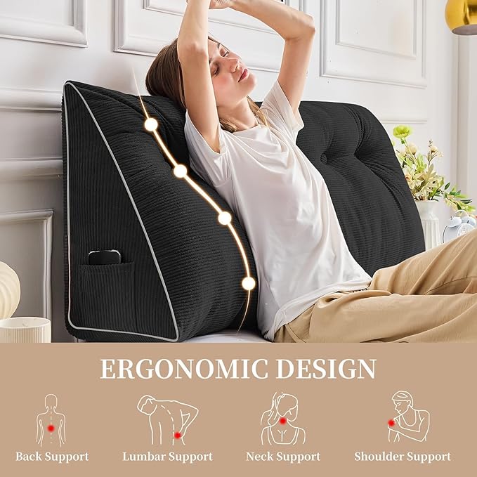 Sasttie Headboard Pillow Twin/Twin XL, Wedge Pillow Headboard for Dorm, Triangular Daybed Backrest Cushion for Sitting or Reading in Bed, with Removable Washable Cover, Black