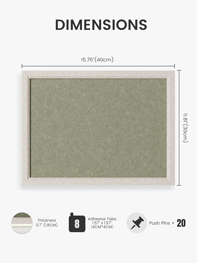 Felt Cork Board Alternative, Felt Bulletin Board 16" x 12" Oatmeal Frame with 8 Adhesive Tabs, Pin Board for Home Office, Classroom, Entryway, Kitchen Wall Decor—Sage