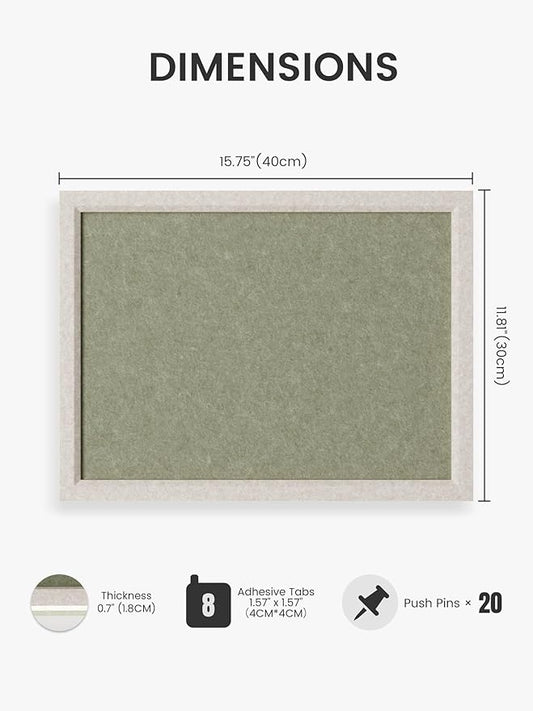 Felt Cork Board Alternative, Felt Bulletin Board 16" x 12" Oatmeal Frame with 8 Adhesive Tabs, Pin Board for Home Office, Classroom, Entryway, Kitchen Wall Decor—Sage