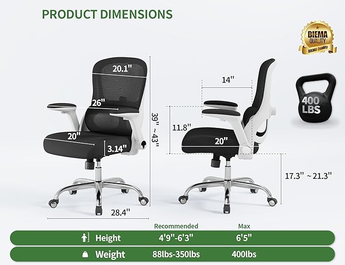 Ergonomic Office Chair - Computer Desk Chairs Comfy, Mesh High-Back Gaming Chair with Adjustable Lumbar Support, Executive Task Chair for Adults, Comfortable for Long Hours (White Black)