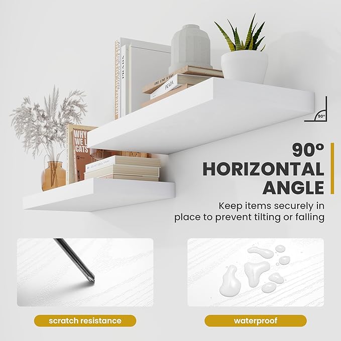 16 Inch Floating Shelves, 9.3" Deep Floating Shelf Wall Mounted, 16" Wall Shelves, Rustic Deep Bookshelf, Large Display Shelves & Storage Shelves for Bedroom, Living Room, White, Set of 2