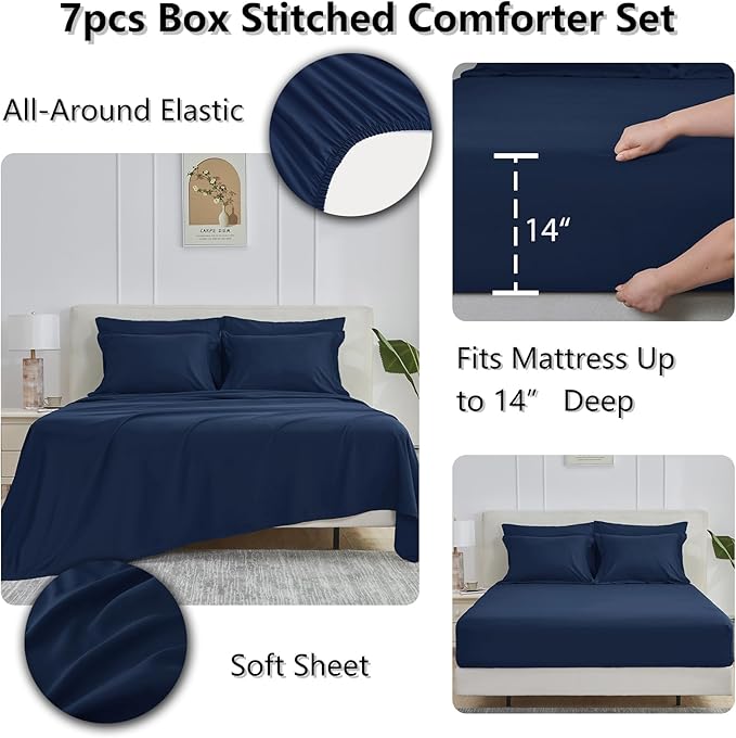 CozyLux Queen Comforter Set Navy Blue - 7 Pieces Bed in a Bag Queen, All Season Breathable Bedding Sets, Oeko-Tex Certified Bed Set with Down Alternative Comforter, Sheets, Pillowcases & Pillow Shams