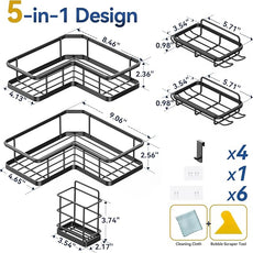 YASONIC Corner Shower Caddy, 5-Pack Adhesive Rustproof Stainless Steel Shower Organizer with Soap Holder, No Drilling Shower Shelf for Inside Shower, Dorm, Renters, Black