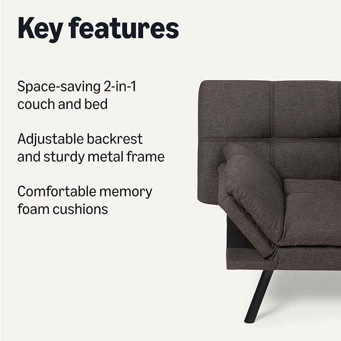 Amazon Basics Futon Sofa Bed, Convertible Memory Foam Sofa Couch Modern Loveseat Sleeper for Small Compact Living Room,Office,Apartment,Dark Grey Linen Fabric