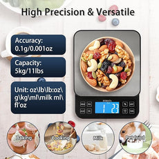 BOMATA Large Kitchen Scale with 0.1g/0.001oz High Precision, 5kg/11lb Bakery Scale with% Percentage Function, USB Rechargeable, Full-View Angle LCD with Backlight, Stainless Steel Pan