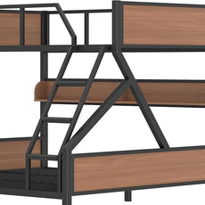 Queen over King Bunk Bed with Storage Shelves, Metal Bunk Beds with Ladders and LED Lights, Heavy-duty Bunkbed for Bedrooms, Guest Rooms and Dorms, No Box Spring Needed and Noise-free Design, Black