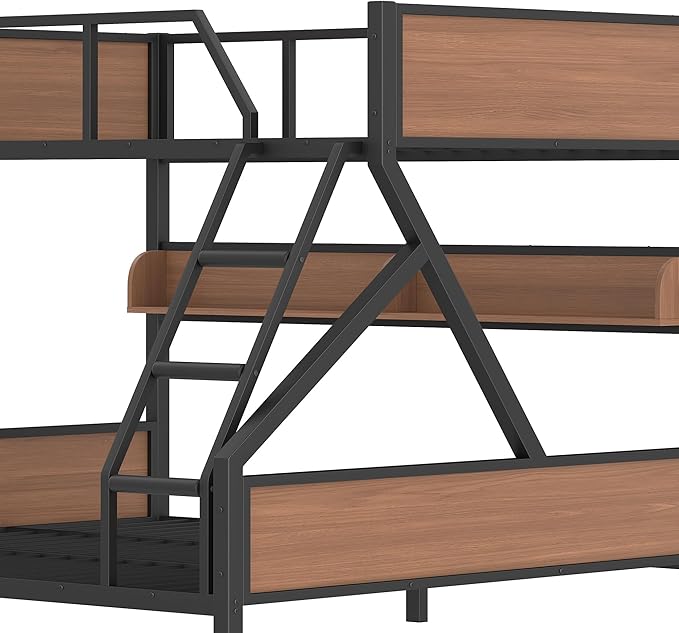 Queen over King Bunk Bed with Storage Shelves, Metal Bunk Beds with Ladders and LED Lights, Heavy-duty Bunkbed for Bedrooms, Guest Rooms and Dorms, No Box Spring Needed and Noise-free Design, Black