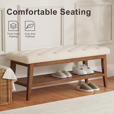 LEILISI Entryway Shoe Bench with Storage, End of Bed Bench, Linen Upholstered Button-Tufted Seat Bench with Solid Wood Frame for Living Room, Bedroom (Beige, 43.3'')