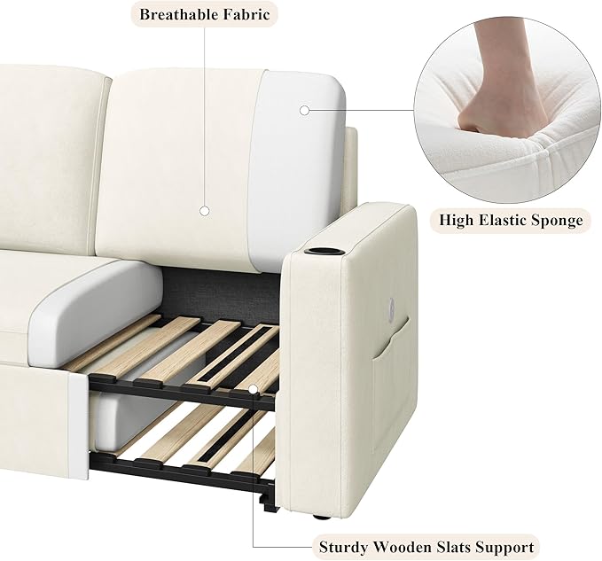 Keyluv 87" Pull Out Sleeper Sofa Bed with Storage Chaise, Reversible 2 in 1 Sectional Sofa Bed with Charging Station and Cup Holder, L-Shaped Sofa Couch for Living Room, Velvet Beige