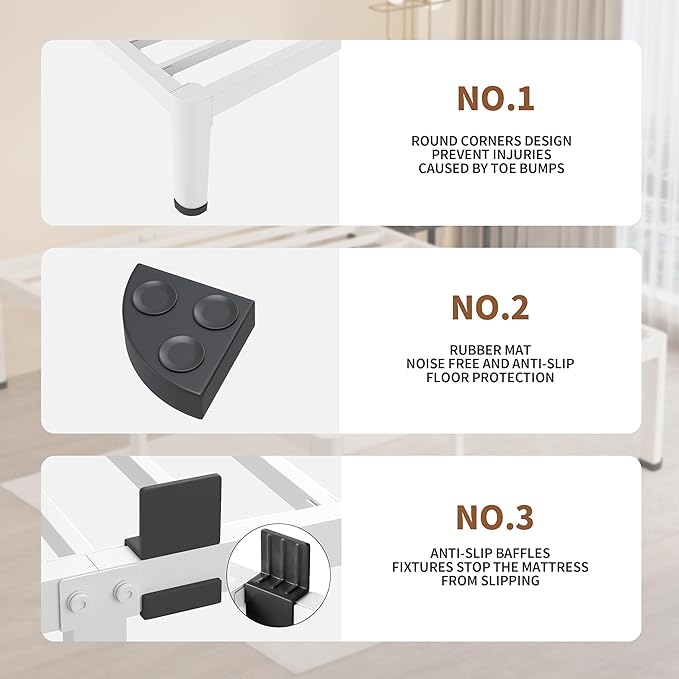 MAF 16 Inch Full Size Bed Frame White with Round Corner Legs Mattress Slide Stopper No Box Spring Needed Heavy Duty Metal Platform Bed Frames Under-Bed Storage Space, 3000 LBS Steel Slats Support