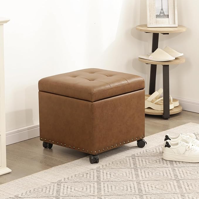 17.7" Square Faux Leather Storage Ottoman with Wheels, Rolling Storage Bench, Footstool with Wheels for Living Room, Hassocks and Ottomans, Vintage Golden Brown