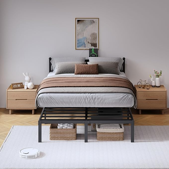 Metal Bed Frame with Charging Station - 14 Inch King Size Heavy Duty Bedframe with Headboard Black Basic Steel Slats Platform No Box Spring Needed/Noise Free