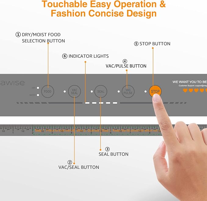 MEGAWISE Vacuum Sealer Machine, 2025 Model with 80kPa Suction Power, One-Touch Operation, Built-in Cutter, Compact Design, Vacuum Bags Included (Grey) (16.14 x 4.02inch)