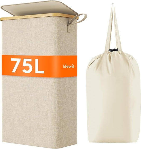 Lifewit 75L Slim Laundry Hamper with Lid, Narrow Laundry Basket with Removable Bag & Bamboo Handles, Fodable Thin Dirty Clothes Hamper for Laundry Collapsible Bin for Bathroom Bedroom Dorm, Beige