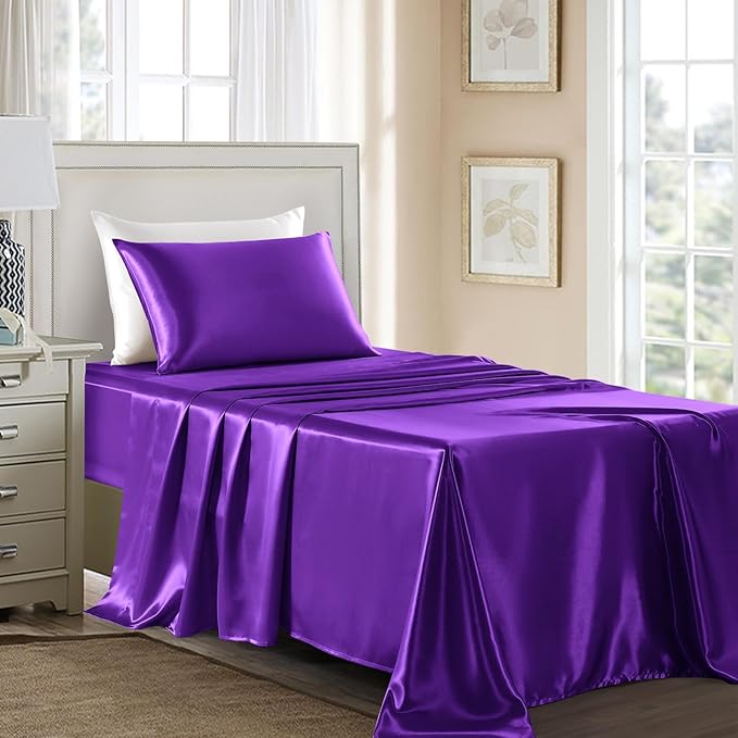 Satin Sheets Twin Size - 3 Pieces Luxury Silky Soft Bed Sheets for Kids, Wrinkle-Free Dark Purple Satin Silk Sheet Set with 1 Deep Pocket Fitted Sheet, 1 Flat Sheet, 1 Pillow case