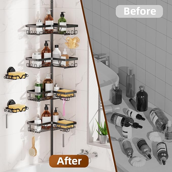 KEGII Shower Caddy Corner Tension Pole with 2 Suction Cup Soap Dishes, Rustproof 4-Tier Adjustable Bathroom Organizer, No-Drill Shower Storage Rack for, Fits 25–114.2 Inch, Black