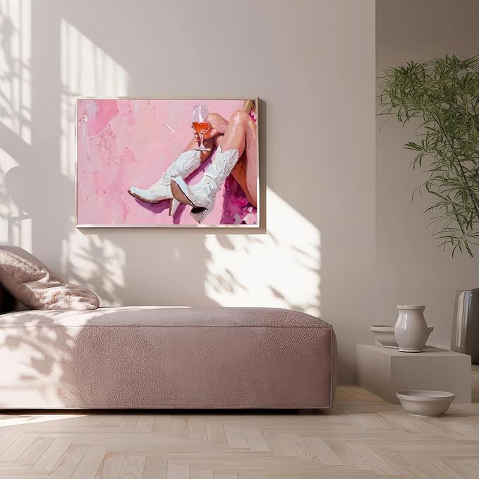 Cowgirl Boots Wall Art Coastal Cowgirl Room Decor Aesthetic Cowboy Boots with Wine Glass Poster Modern Pink Wall Decor Art Print Poster Pink Cowgirl Wall Art for Western Aesthetic UNFRAMED 16 X 24 in