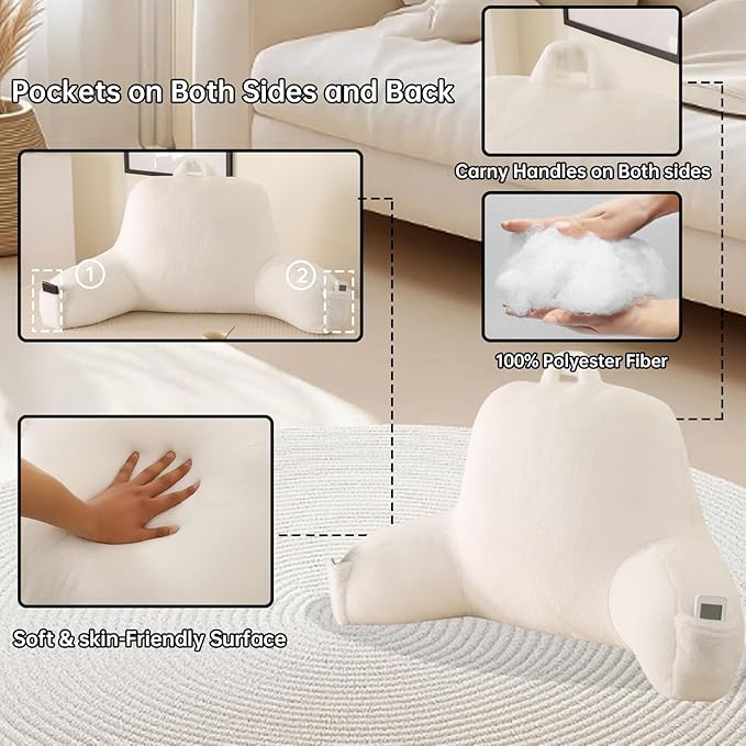 Reading Pillow for Sitting in Bed, Large Backrest Reading Pillow with Arm Rest,Back-Rest Support Cushion for Sit Up on Couch, Sofa, and Floor, Dorm Essentials (White Faux Fur, Standard(17"))