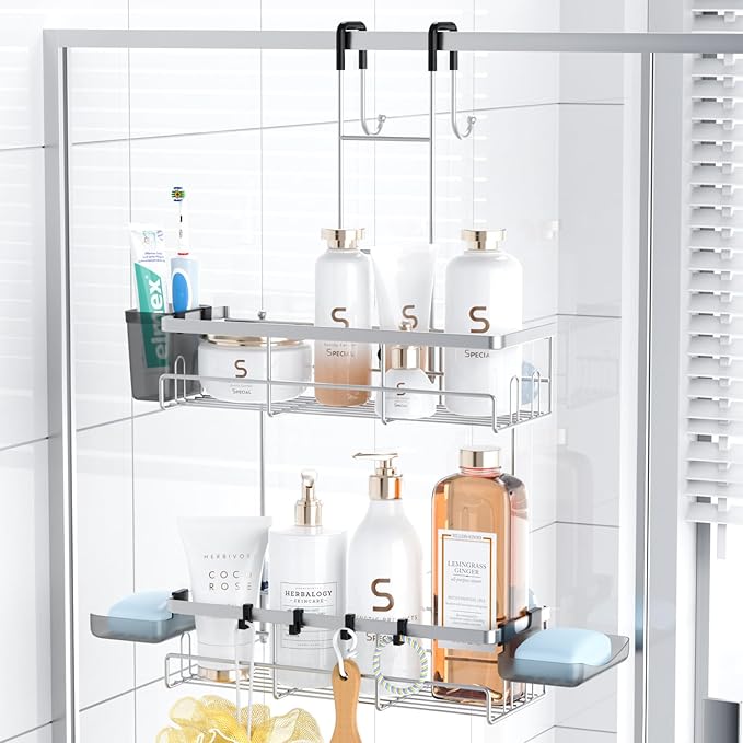 Over the Door Hanging Shower Caddy: Rustproof Hanging Organizer over the Door - No Drilling Bathroom Rack for Inside Shower Chrome