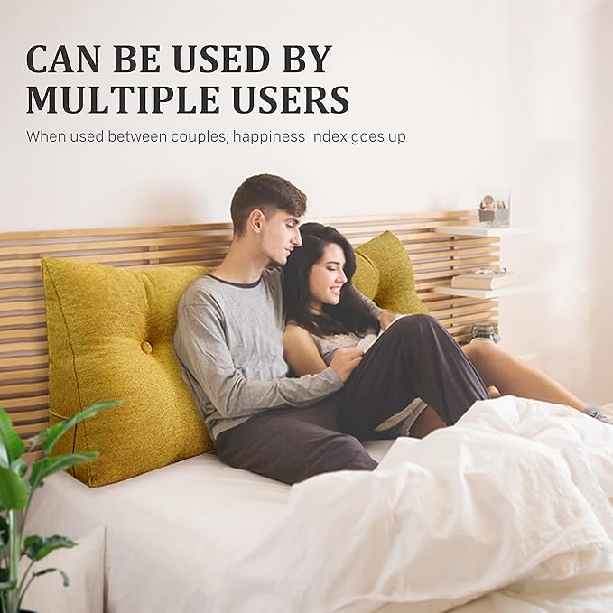 11 lbs Thickened Headboard Pillow Wedge Pillow Headboard Reading Pillow Bed for Comfortable Backrest Reading Triangular Pillow with Side Pocket for Sitting in Bed Cotton Linen Yellow Queen