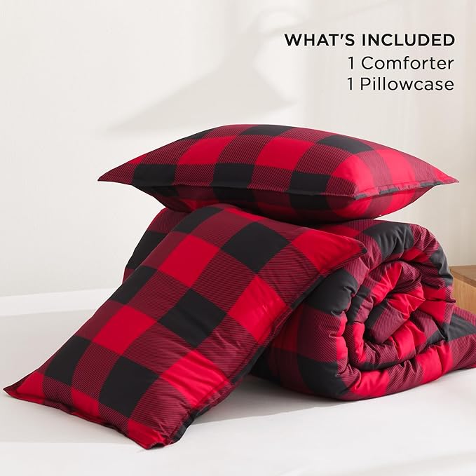 Andency Red and Black Plaid Comforter Set Twin(66x90Inch), 2 Pieces Buffalo Plaid Checkered Gingham Bedding Comforter Sets, Soft Burgundy Lightweight Geometric Down Alternative Bed Set