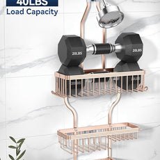 YASONIC Shower Caddy Hanging - Never Rust Shower Organizer - Aluminum over The shower head caddy with 10 Hooks for Razor/Sponge - Shower Rack with Soap Basket - Rose Gold