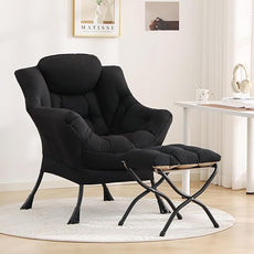Tiita Lazy Chair with Ottoman, Modern Large Accent Lounge Armchair, Comfy Leisure Sofa Reading Chair with Footrest for Bedroom, Living Room, Dorm Rooms, Garden and Courtyard, Black