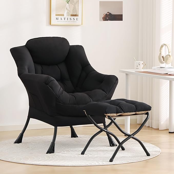 Tiita Lazy Chair with Ottoman, Modern Large Accent Lounge Armchair, Comfy Leisure Sofa Reading Chair with Footrest for Bedroom, Living Room, Dorm Rooms, Garden and Courtyard, Black