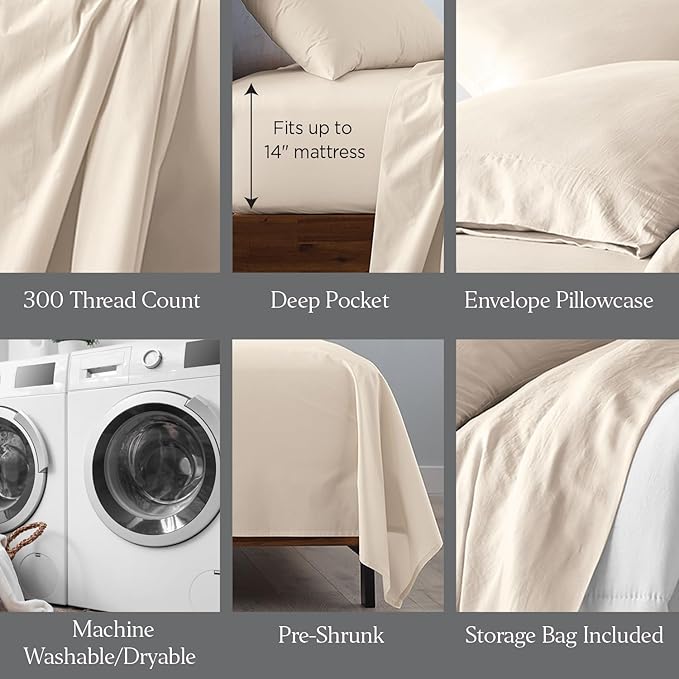 Ella Jayne Percale Sheets Twin (3 Pieces) Permium 100% Cotton Percale TC300, Hotel Luxury Collection, Deep Pockets and Cooling Twin Sheets Set Breathable Cotton Percale (Sand)