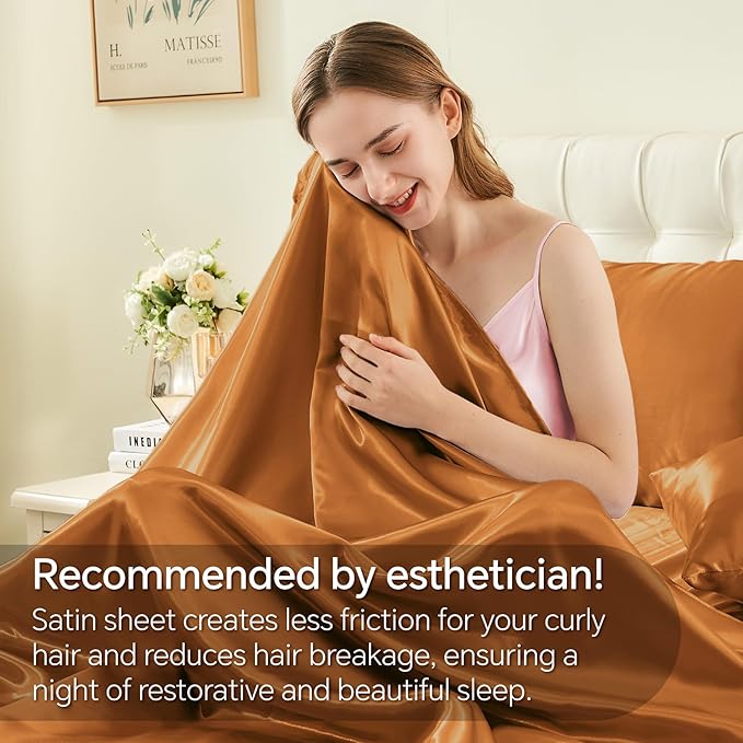 BEDELITE Satin Sheets Full Size Bed Set, Luxury Soft Burnt Orange Silky Sheets for Hair and Skin, Similar to Silk Bed Sheets Set 4 Pieces with 1 Deep Pocket Fitted Sheet, 1 Flat Sheet, 2 Pillowcases