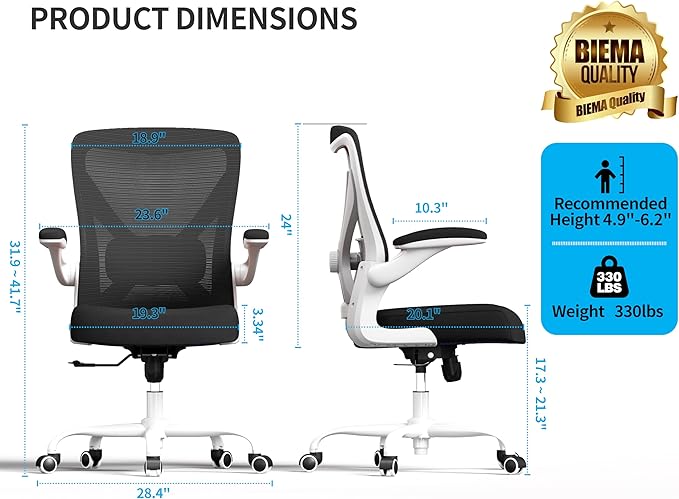 Ergonomic Office Chair - Computer Desk Chairs Comfy, Mesh High-Back Gaming Chair with Adjustable Lumbar Support, Executive Task Chair for Adults, Comfortable for Long Hours (White Black)