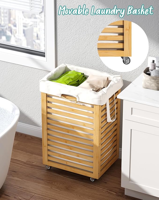 Laundry Hamper, 22.7 Gallon (86L) Bamboo Wood Clothes Laundry Basket with Wheels and Handles, Removable Liner