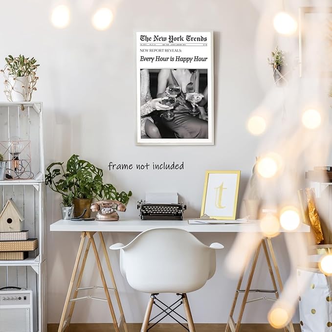 Retro New York Trends Wall Art Black and White Newspaper Poster Every Hour Is Happy Hour Canvas Prints Funky Feminist Posters Trendy Alcohol Wall Decor for Bar Cart Hot Girl Dorm Room Decorative 16x24inch Unframed