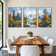 BINCUE Framed Mountain Landscape Wall Art Nature Forest Wall Decor Tree and River Art Print for Living Room Bedroom Office 16x24 Inches Set of 3