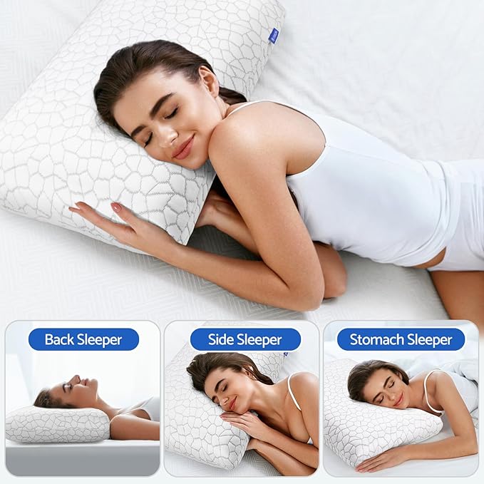 Memory Foam Pillows for Sleeping, Bed Pillow with Removable and Machine Washable Cover, Bed Pillow for Side, Back and Stomach Sleepers, Standard Size (2 Pack)