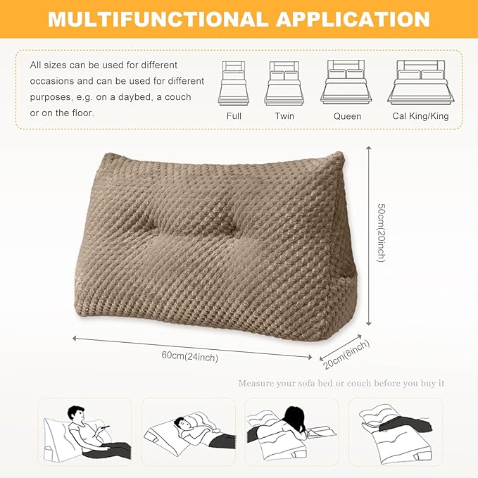 Large Triangular Headboard Wedge Pillow Soft and Supportive Headboard Backrest Positioning Support Bolster Cushion, Bed Wedge Pillow with Removable Cover(Brown,Dorm,24x8x20inch)