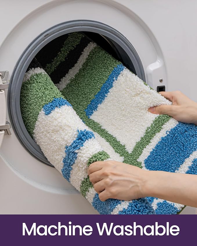 DEXI Striped Bath Mats for Bathroom 36x24, Washable Absorbent Bathroom Rugs with Non Slip Backing, Extra Soft Plush Microfiber Shower Rugs for Tub, Floor, Sink, Blue and Green