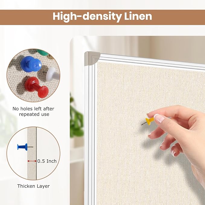 DOLLAR BOSS Foldable Linen Board, 48 x 36 Inch Corkboard, Large Bulletin Board, Portable Double Sided Aluminum Frame Wall Mounted Pin Board for Office School Dorm Supplies with 20 Push Pins, White