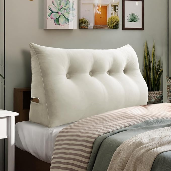 10 lbs Thickened Full Headboard Pillow for Sitting Up in Bed, Back Support Reading Pillow with Side Pocket and Velvet Removable Cover, Triangular Large Wedge Headboard Pillow