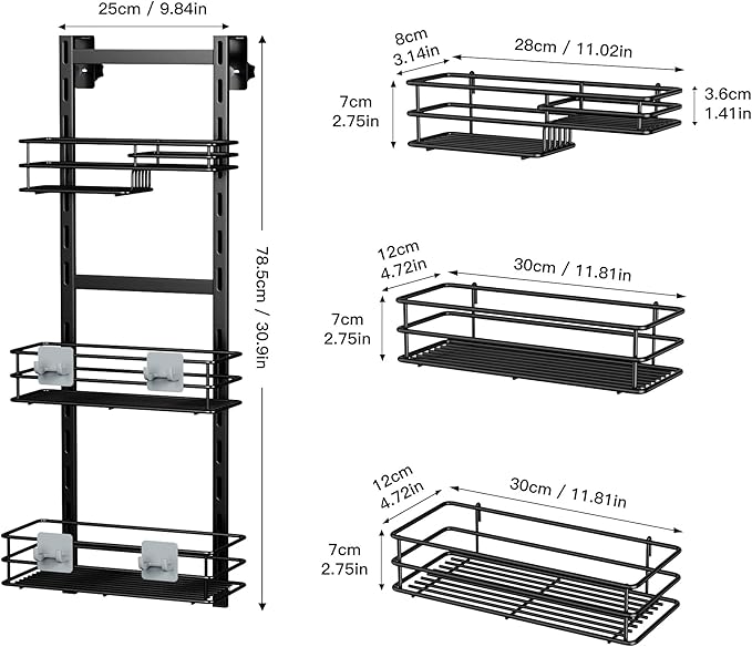 Orimade Over The Door Shower Caddy Adjustable 3 Tier Black,Bathroom Hanging Organizer Shelf Rustproof with 4 Hooks,Shower Basket with Soap Holder and Suction Cup