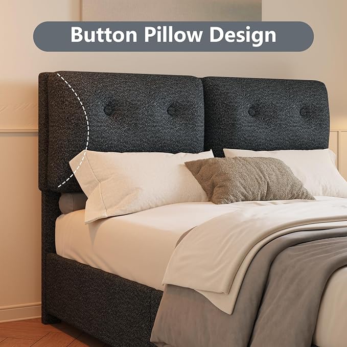 Queen Bed Frame with Headboard, Cloud Boucle Upholstered Bed Frame, Modern Soft Style, Adjustable Headboard, No Box Spring Needed, Easy Assembly, Dark Grey