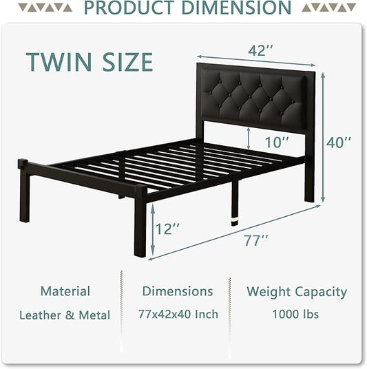 Feonase Twin Size Metal Bed Frame with Faux Leather Button Tufted Headboard, Heavy-Duty Platform Bed Frame with 12" Storage, Steel Slats Support, No Box Spring Needed, Noise Free, Black