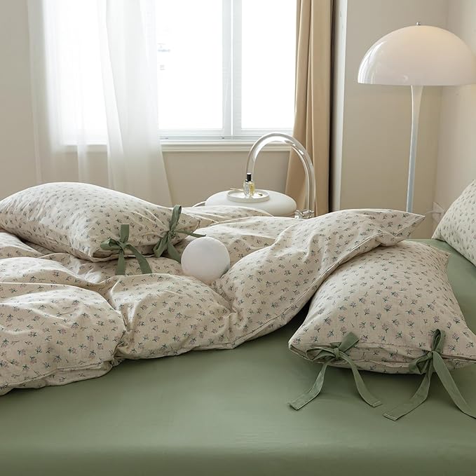 mixinni Country Style Duvet Cover Full Size - Cottagecore Green Floral Vintage Bedding 3PC with Bow Ties Pillowcases, 100% Cotton Soft Aesthetic Boho Comforter Cover for Girls-Full Size