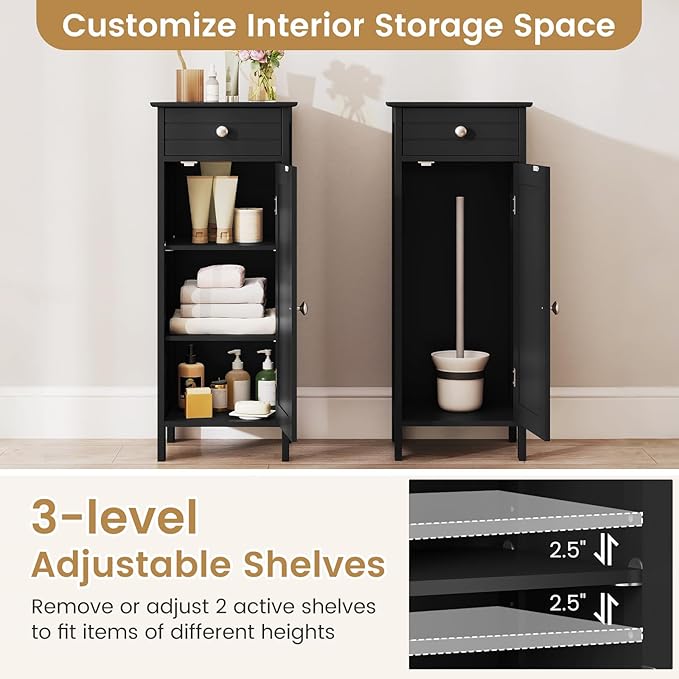 GLACER Floor Storage Cabinet, Multifunctional Bathroom Storage Cabinet with 2 Adjustable Shelves, Ideal for Bathroom, Living Room, 14 x 12 x 34.5 inches (Black)