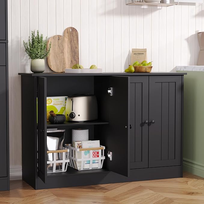 Sideboard Buffet Cabinet with 4 Doors, 47" W Kitchen Storage Cabinet with Storage, Modern Farmhouse Coffee Bar Station Wood Kitchen Table for Living Room Dining Room, Black