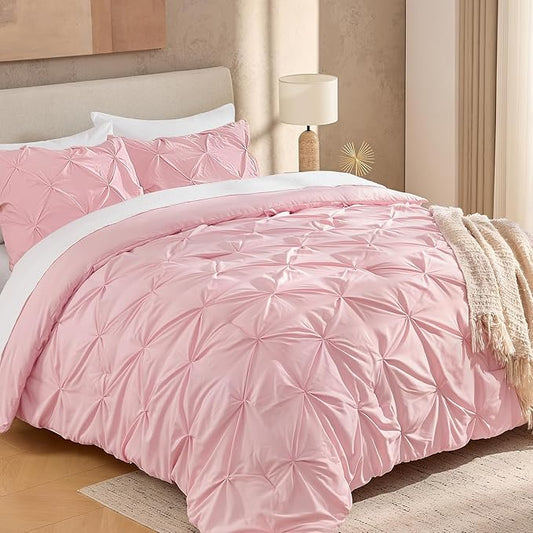 Andency California King Comforter Set Pink (104x96Inch), Pinch Pleat Cal King Comforter Set 3 Pieces, Oversized King Pintuck Bed Comforter, Microfiber Down Alternative Comforter Bedding Set