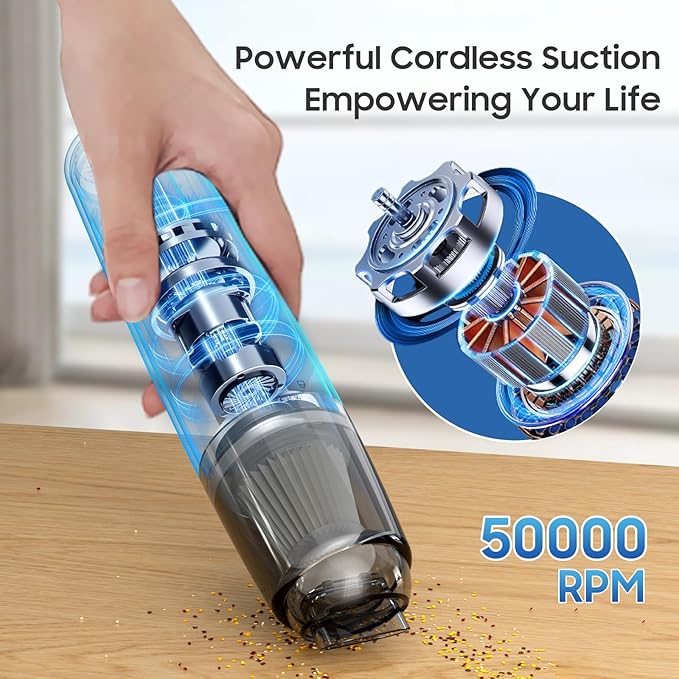 Handheld Vacuum Cordless, Car Vacuum Cleaner Portable with HEPA Filter, 2 Suction Modes, Mini Hand Held Vacuum Rechargeable for Car, Home, Pet Hair, Office, Desk, Keyboards (White)