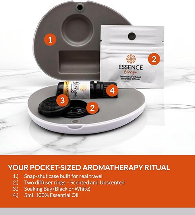 Essence Pearl Travel Case - Wearable Aromatherapy Kit with Nasal Diffuser Rings, Soaking Bay, and 5mL Essential Oil – Portable Wellness Gift Set for On?The?Go Self Care