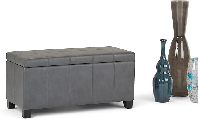 SIMPLIHOME Dover 36 inch Wide Contemporary Rectangle Storage Ottoman Bench in Stone Grey Vegan Faux Leather, Assembled, for the Living Room, Entryway and Family Room